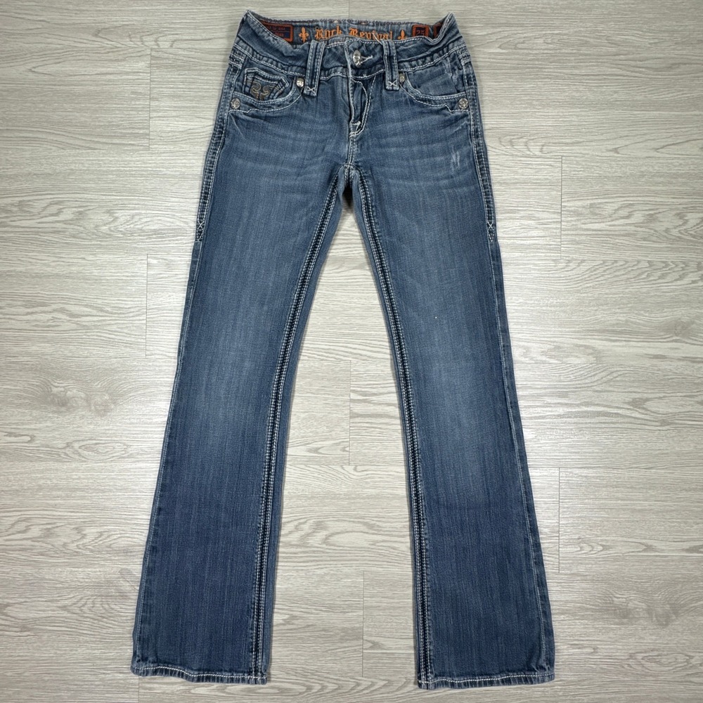 Rock Revival Women's Jeans Debbie Bootcut Blue 25 Flap Pocket Embroidered
